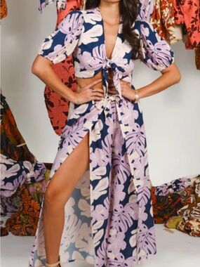Lexbreezy Hawaii Floral Navy & Lilac Two-Piece Tie-Front Maxi Set